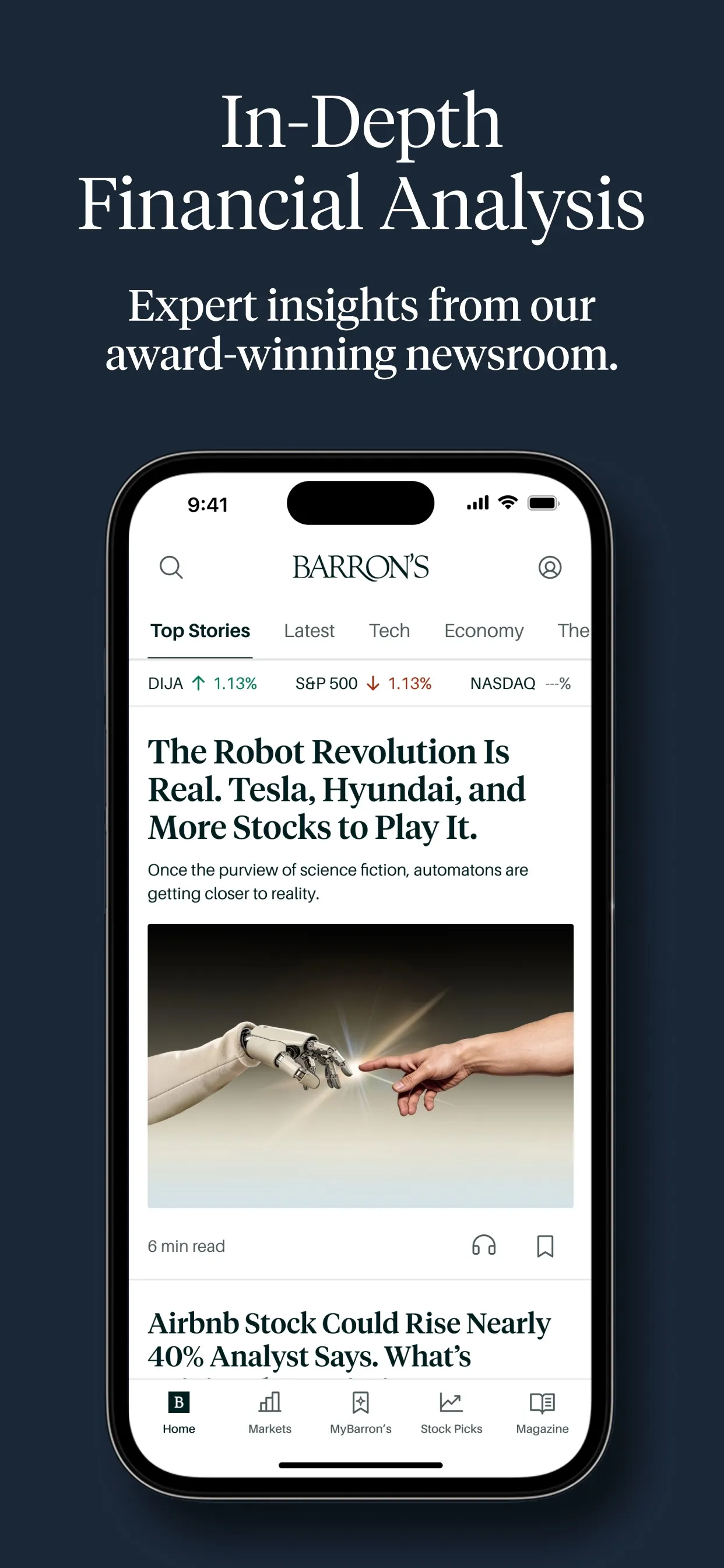 Home with Top Stories, Latest, Tech and Economy tabs, caption 'In-depth financial analysis'
