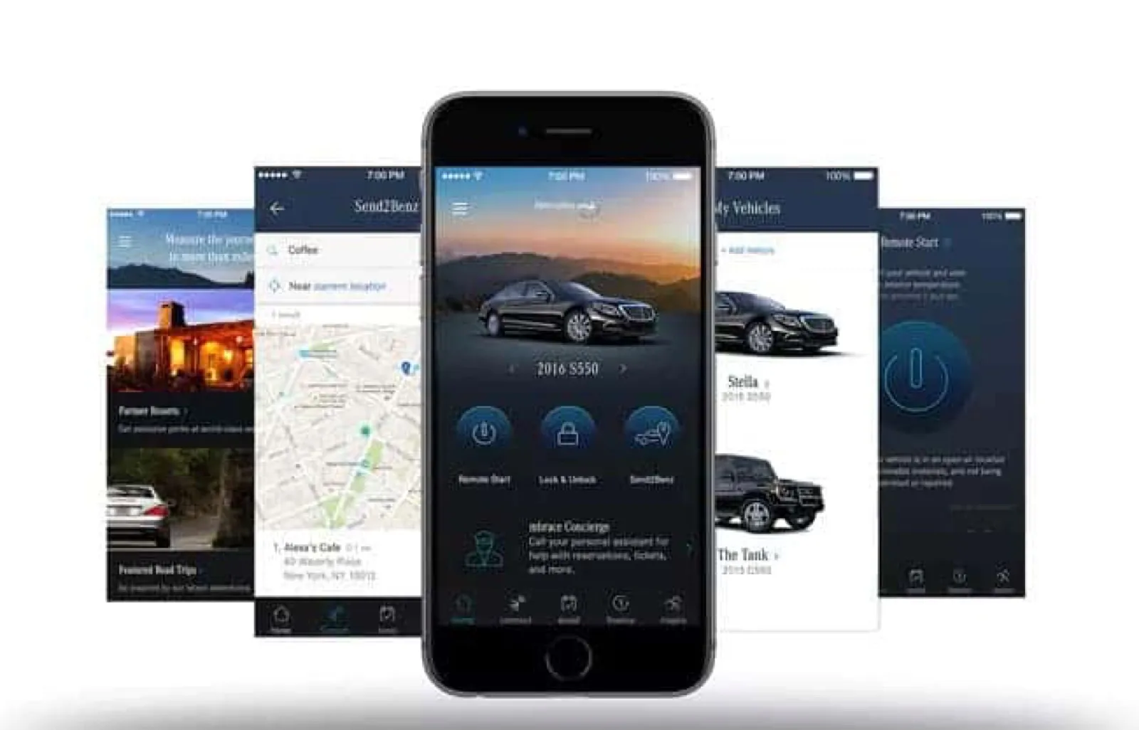 Five screens of the 2018 Mercedes me app: Inspire, Send2Benz, Home, My Vehicles, Remote Start