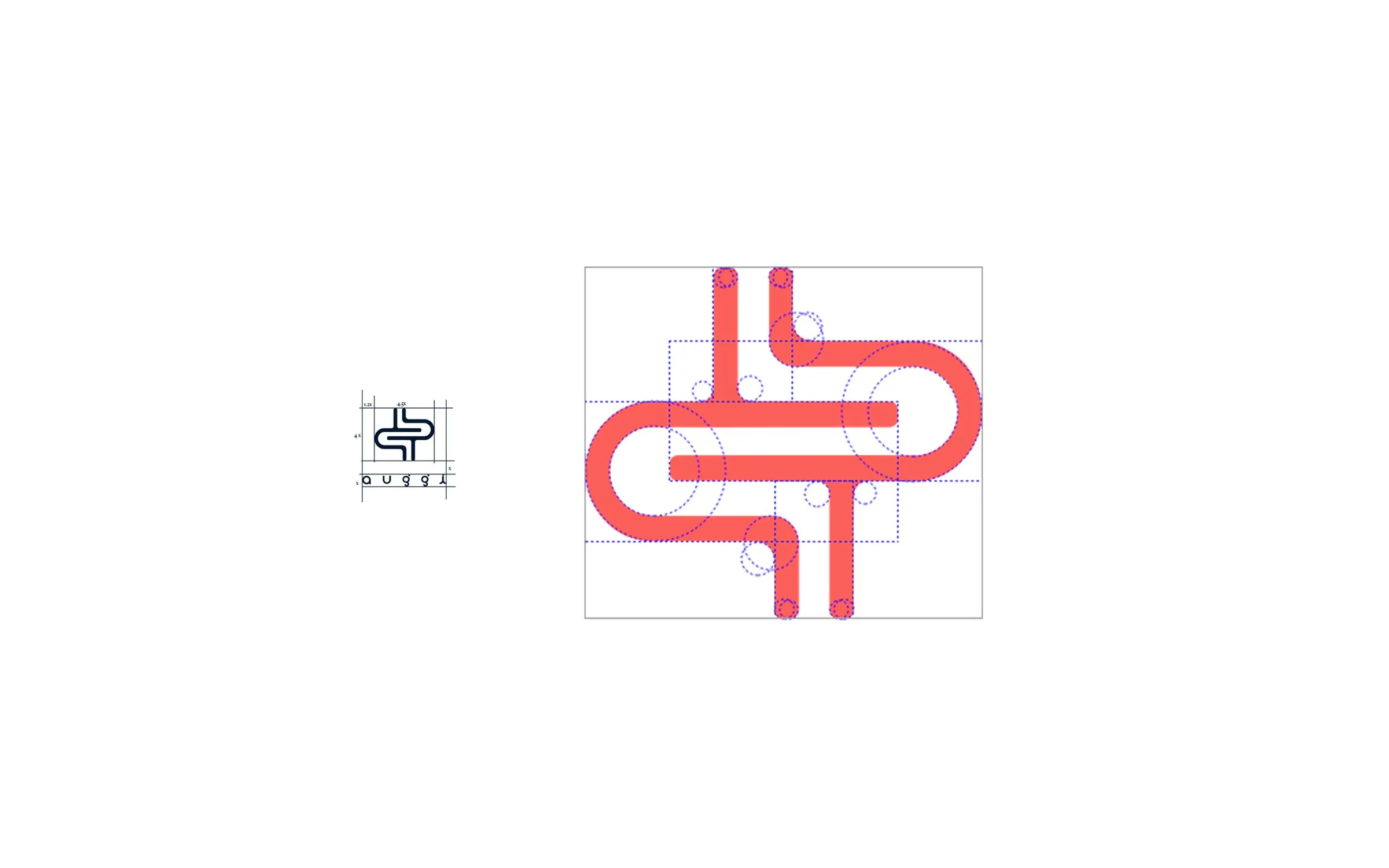The Auggi mark: a looped gut shape in coral, drawn on a construction grid of circles, with the small mark and 'auggi' wordmark lockup at left