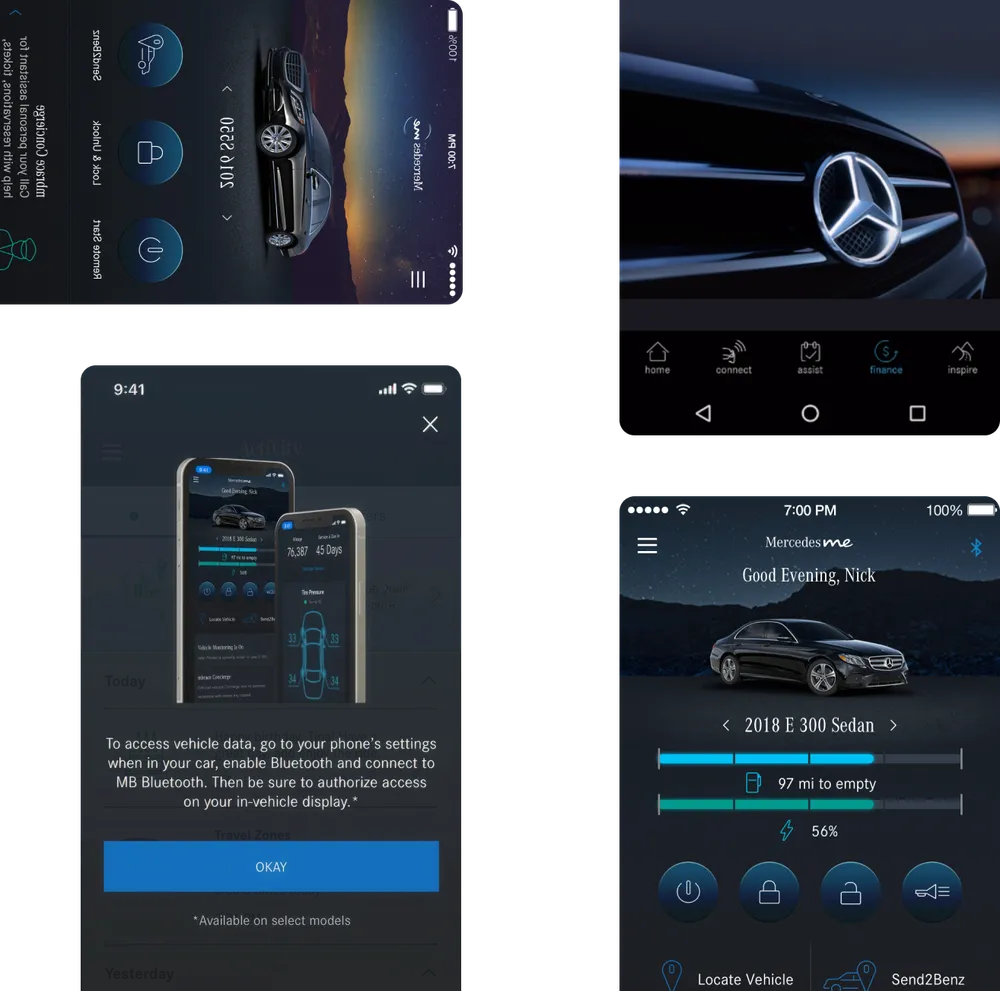 Collage of the redesigned Mercedes me app: home screen with a 2018 E 300 Sedan, remote controls, the finance tab and the Bluetooth onboarding sheet