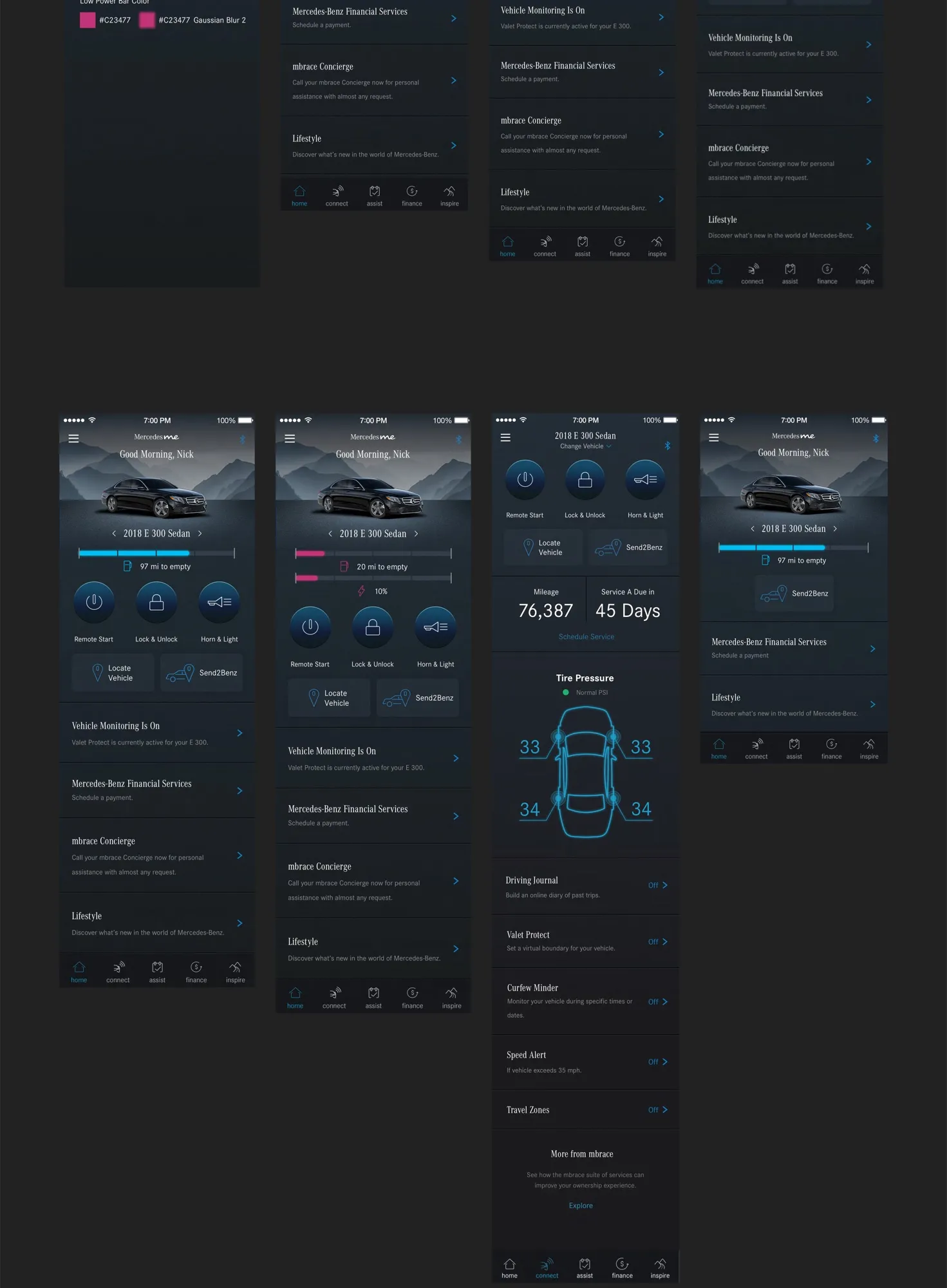 Grid of home-screen explorations with different color treatments for the fuel and battery bars