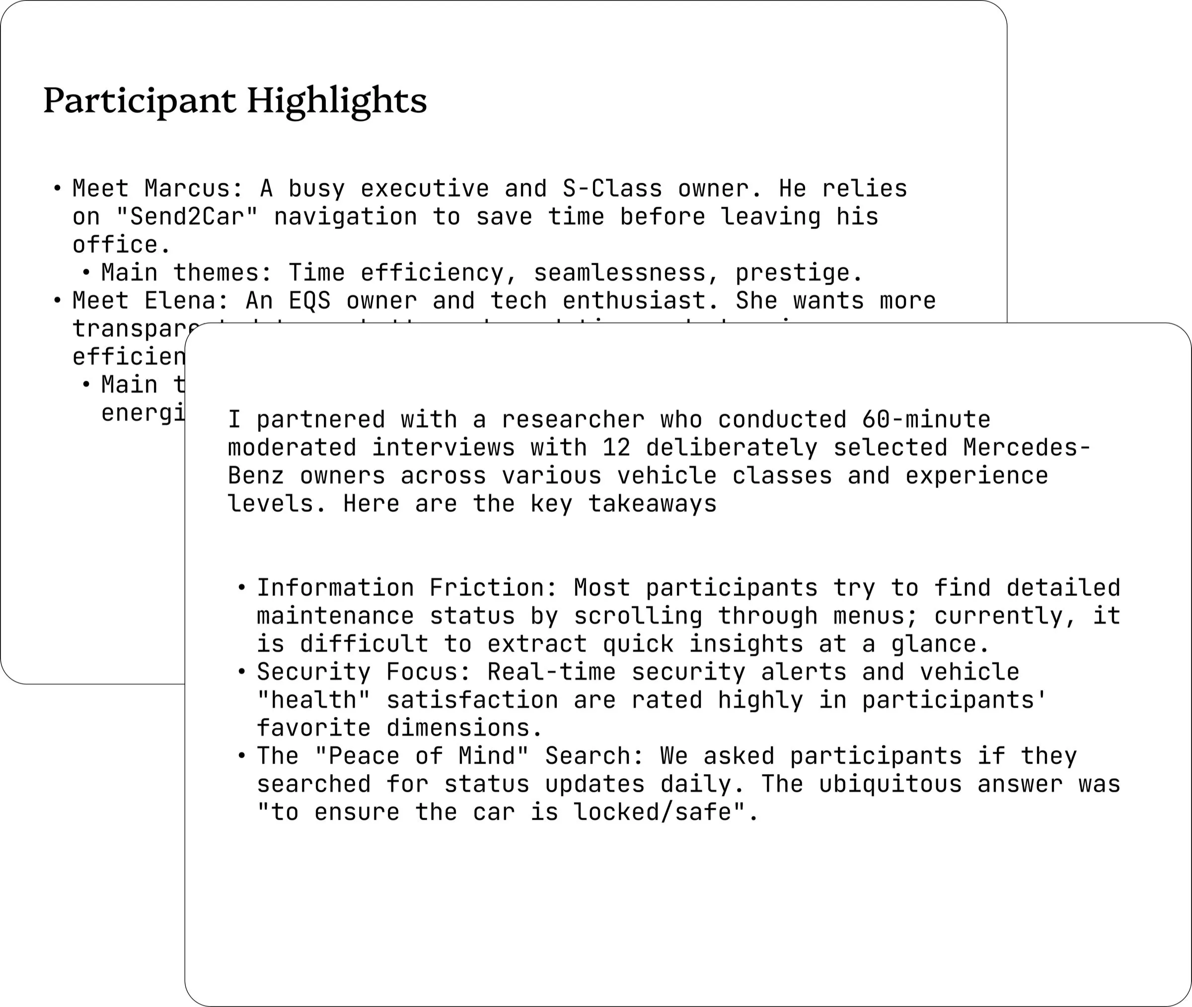 Two cards of interview takeaways: information friction, security focus, and the daily 'peace of mind' check
