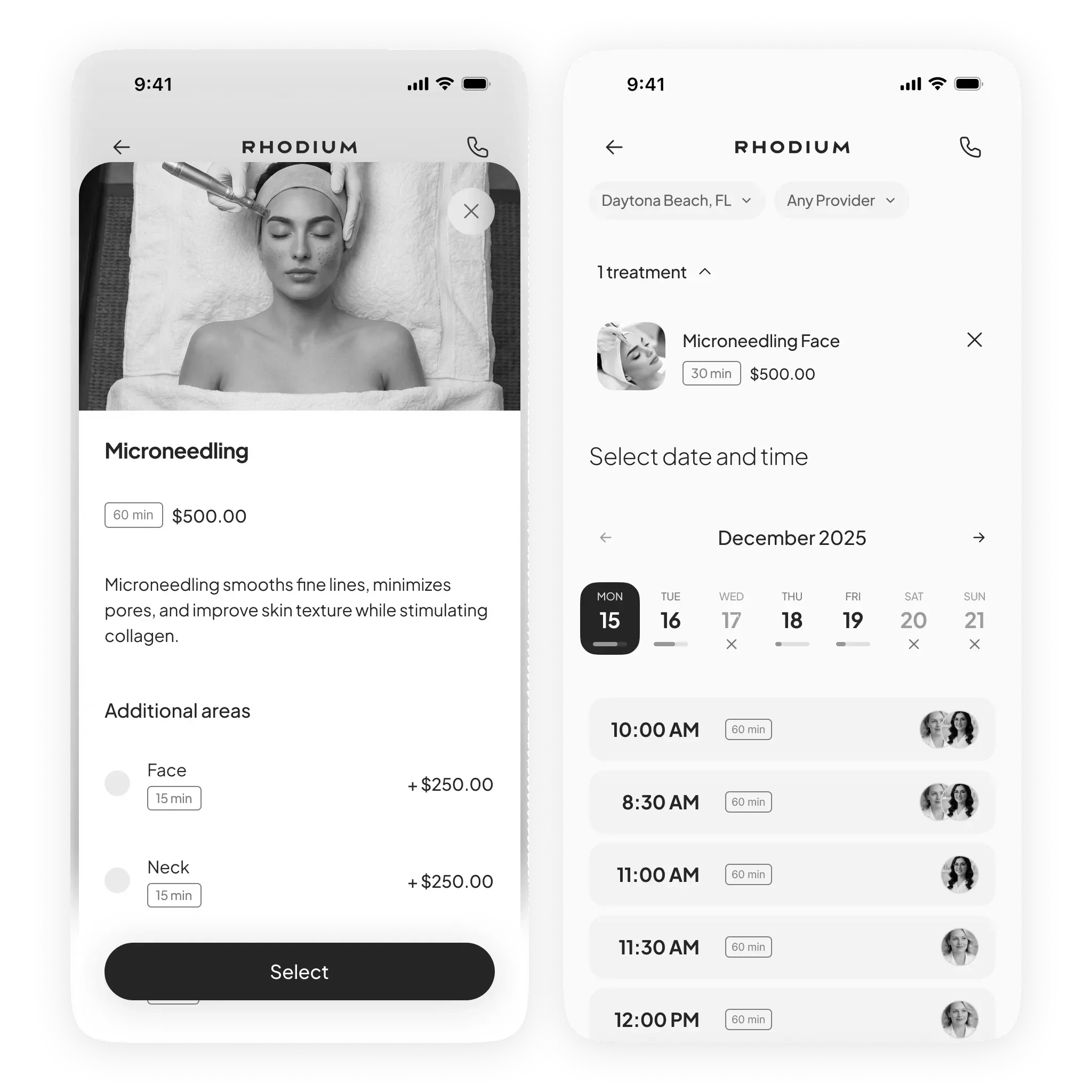 Two screens of the client booking web app on phones: a service page for Microneedling with add-on areas and a Select button, and a booking calendar with a location, a provider filter, a week strip and available time slots with clinician avatars; a phone icon sits in the header