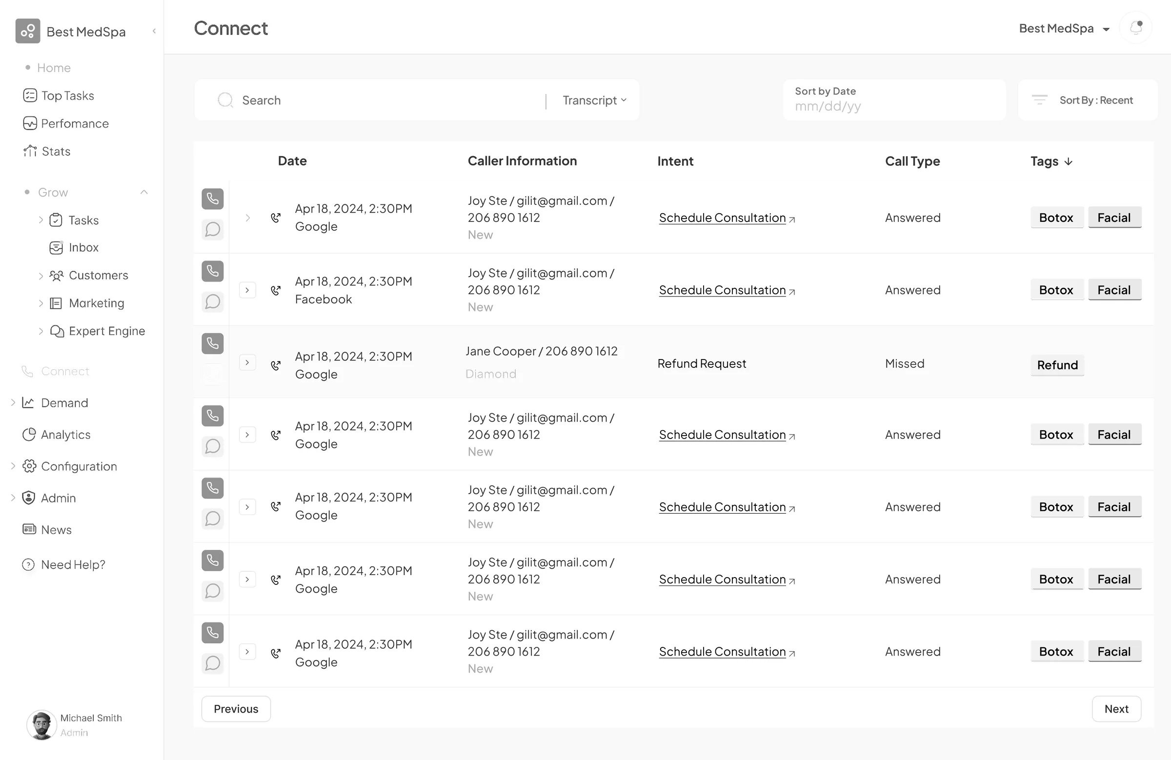 The call log in list view: calls from different sources such as Google and Facebook, with caller status labels, intent, answered or missed outcome and treatment tags