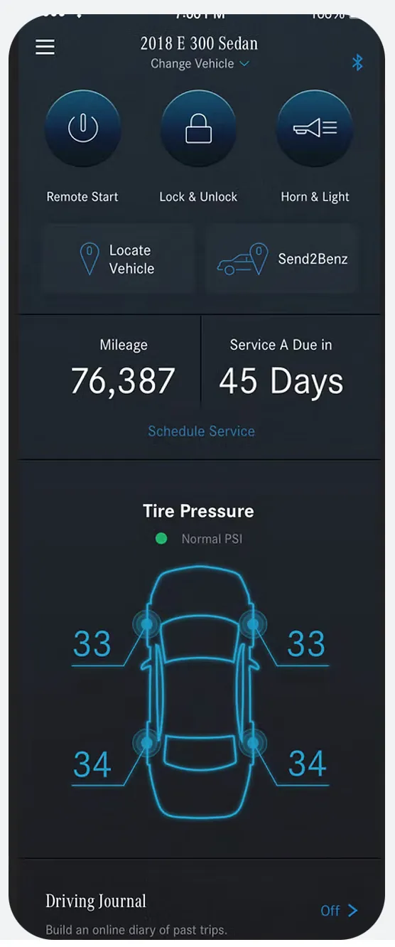 Vehicle screen: remote actions, mileage, service due in 45 days, tire pressure diagram