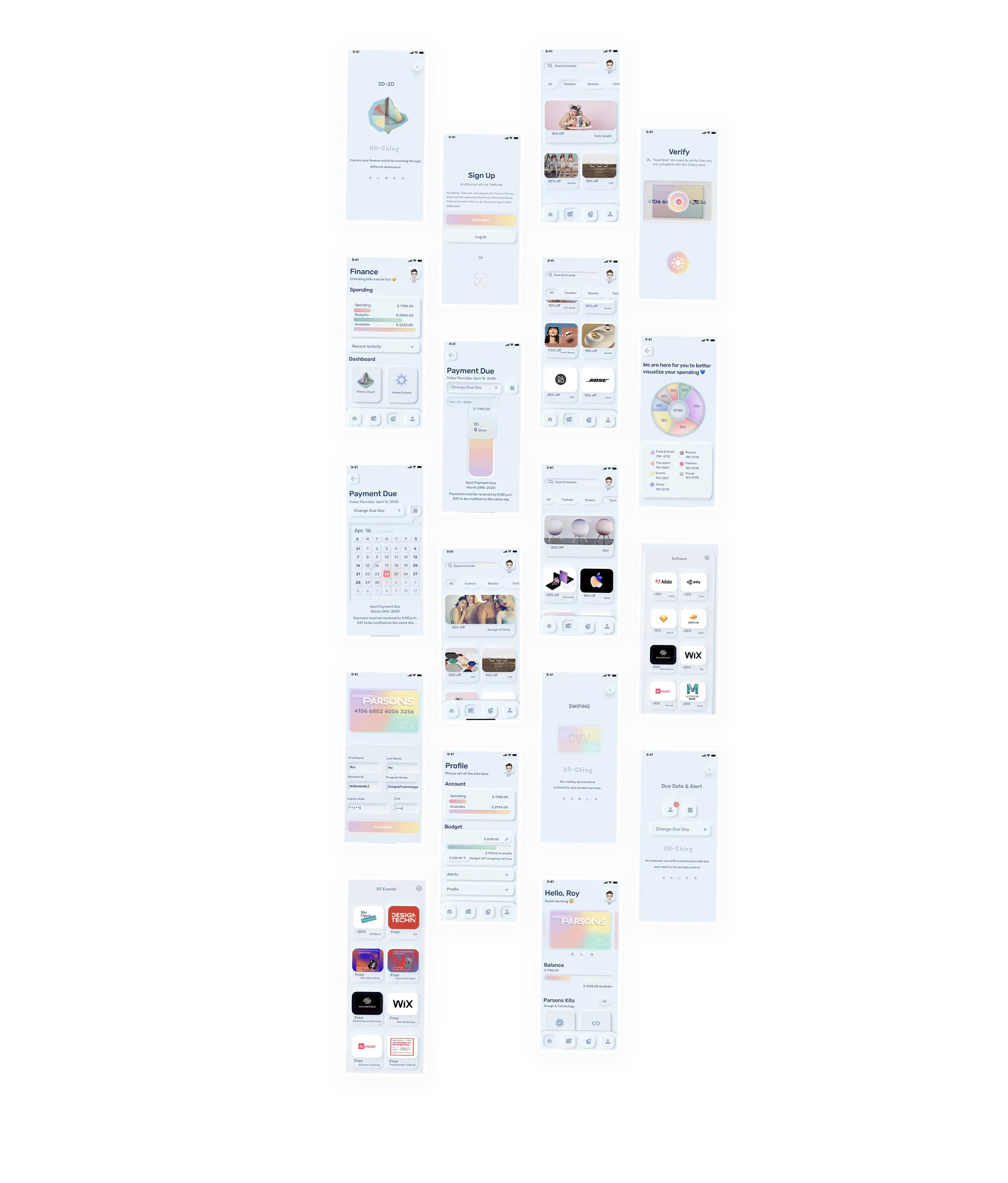 Grid of about twenty Ka-ching screens: onboarding, sign up, verify your student card, finance home, payment due calendar, spending pie chart, brand discounts, software discounts, DT events, profile and the home screen