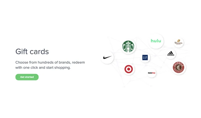 Gift cards section: choose from hundreds of brands, with Starbucks, Nike, Hulu, Target, Gap, adidas, Chipotle, GameStop and Panera logos