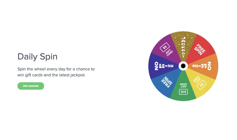 Daily Spin section with a prize wheel of gift cards, free spins and a jackpot