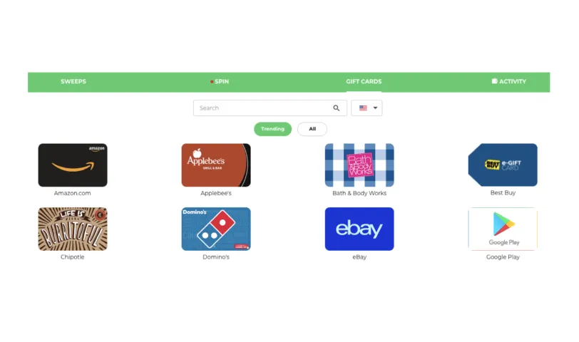 Gift card catalog with tabs for Sweeps, Spin, Gift cards and Activity, showing Amazon, Applebee's, Bath & Body Works, Best Buy, Chipotle, Domino's, eBay and Google Play