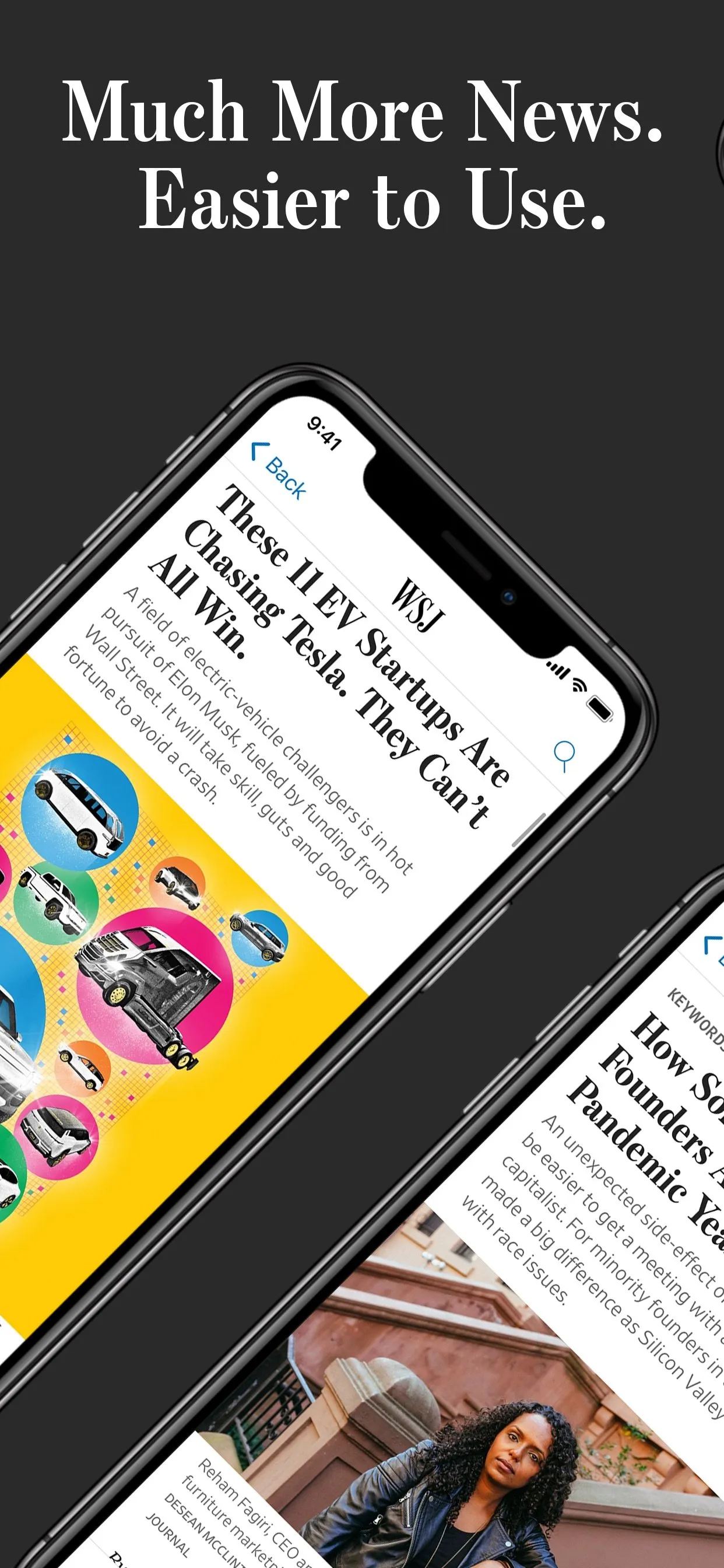 Tilted phones showing WSJ articles, caption 'Much more news. Easier to use.'