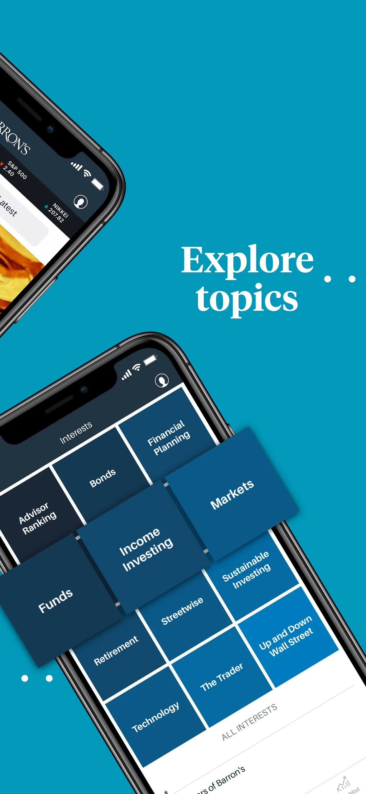 Interests grid of topics such as Funds, Markets, Income Investing, caption 'Explore topics'