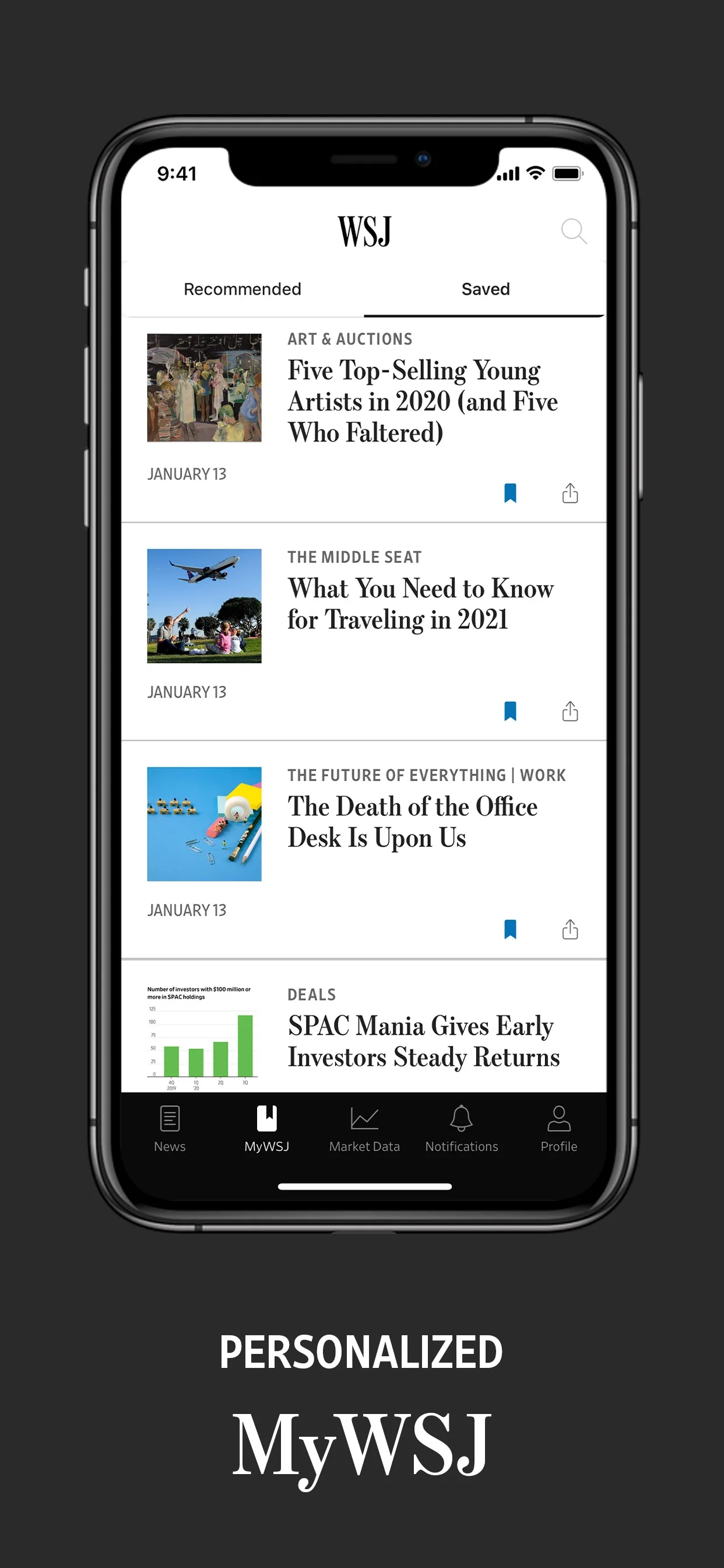 MyWSJ tab with Recommended and Saved, caption 'Personalized MyWSJ'