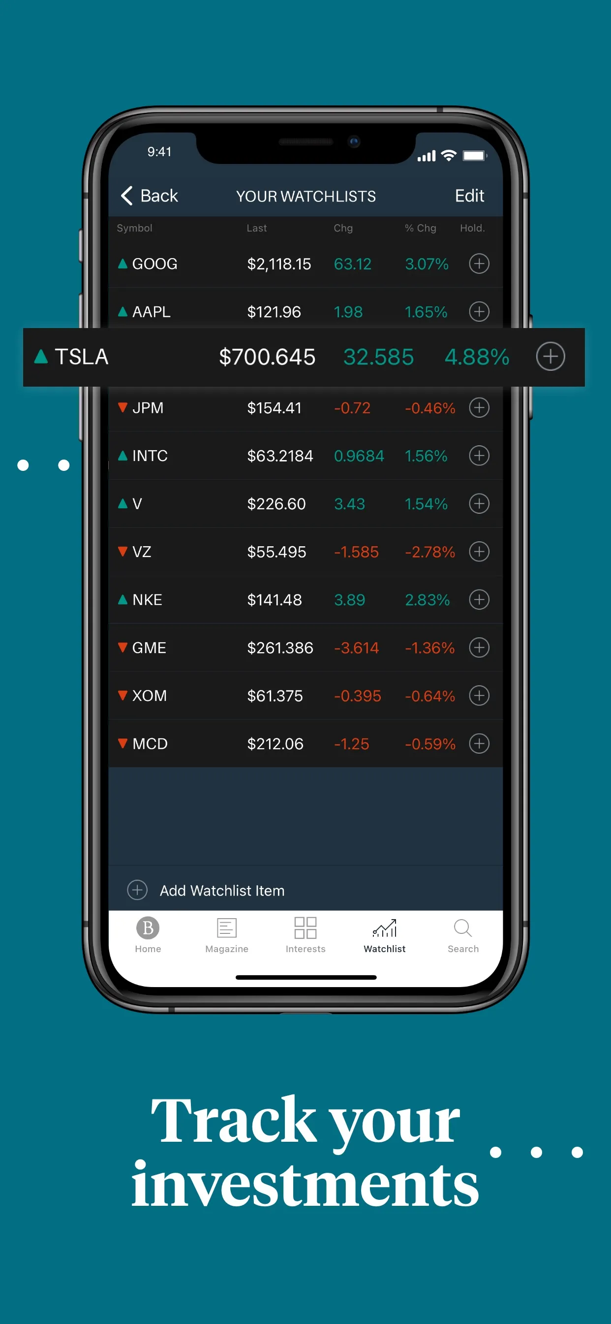 Watchlist screen with tickers, prices and daily change, caption 'Track your investments'