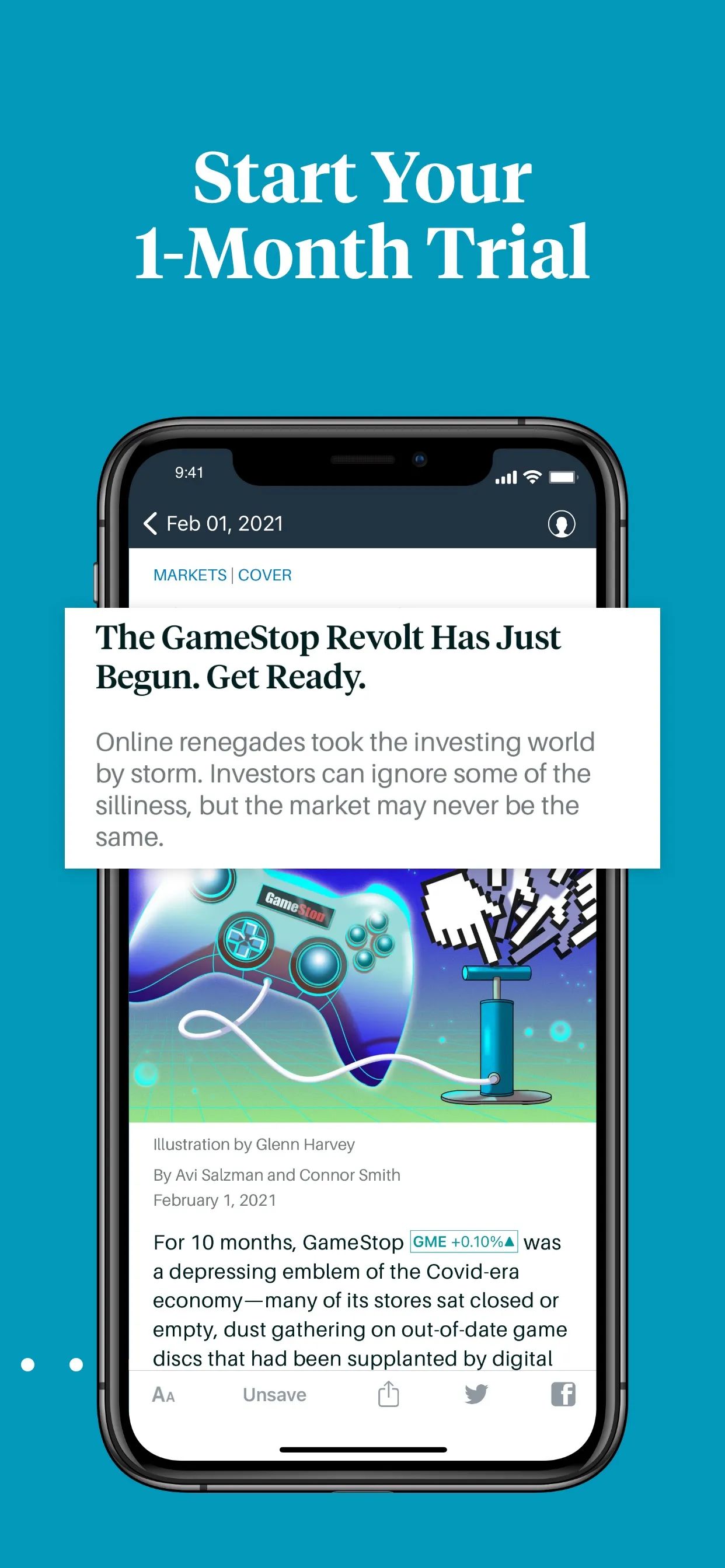 Article view of a GameStop story, caption 'Start your 1-month trial'