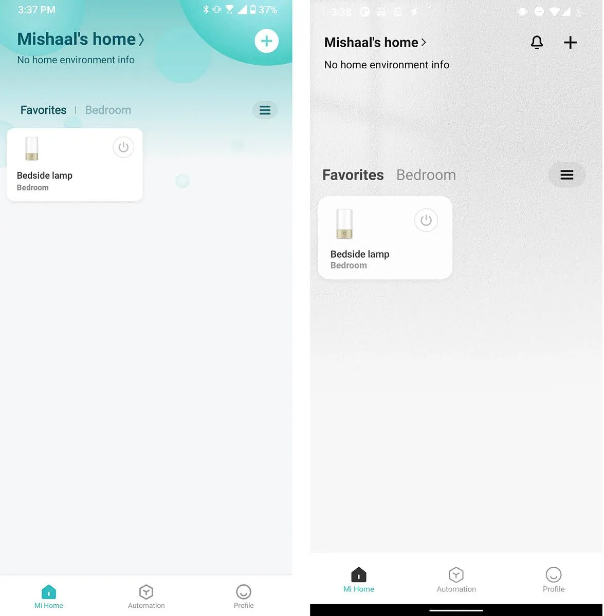 Home tab, before beside after: the sea-green header is gone, the home name and a single Bedside lamp card sit on a light background, and a bell icon joins the add button
