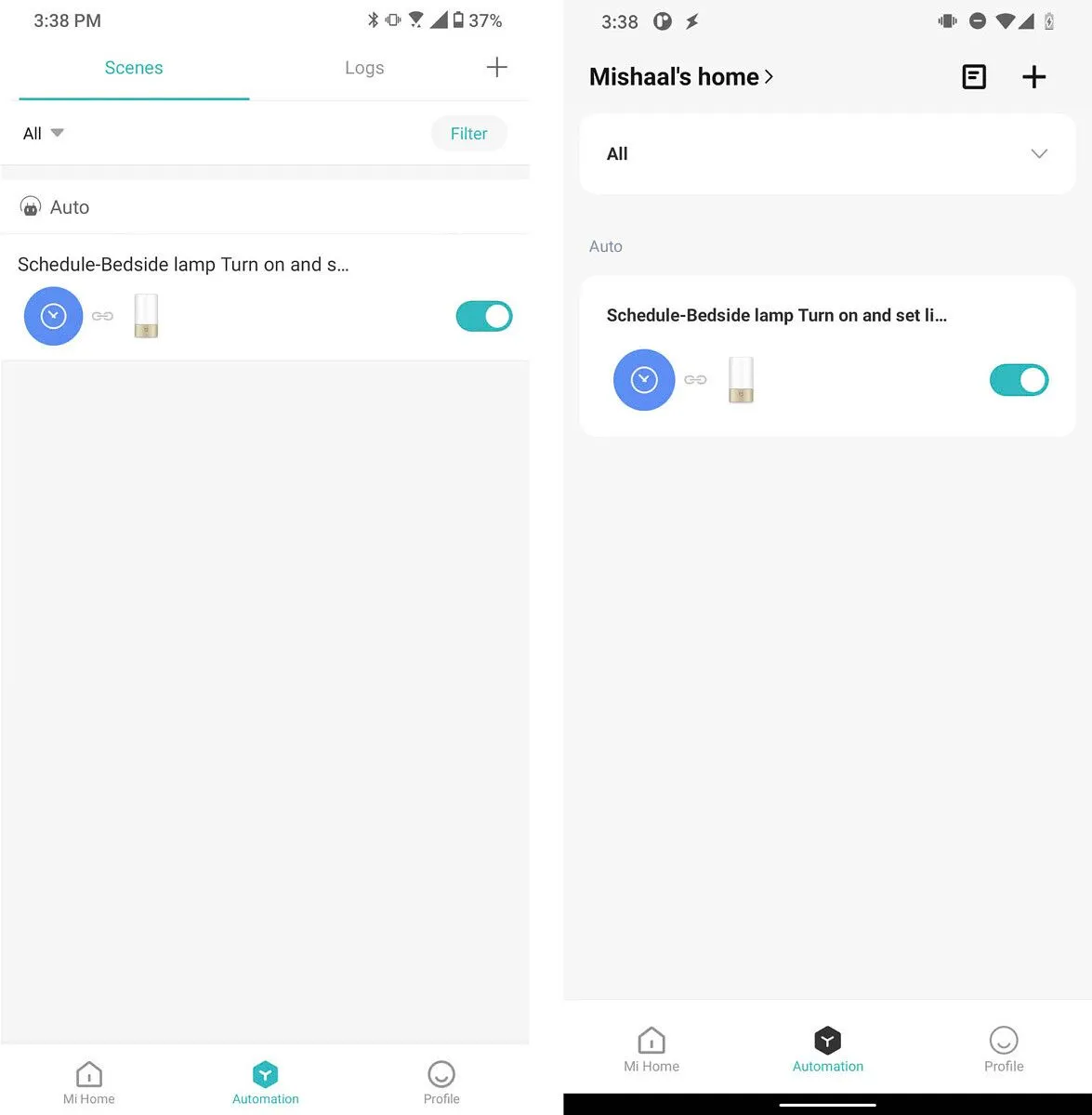 Automation tab, before beside after: the Scenes and Logs tabs are replaced by a single list with a larger card and toggle for a scheduled bedside-lamp scene