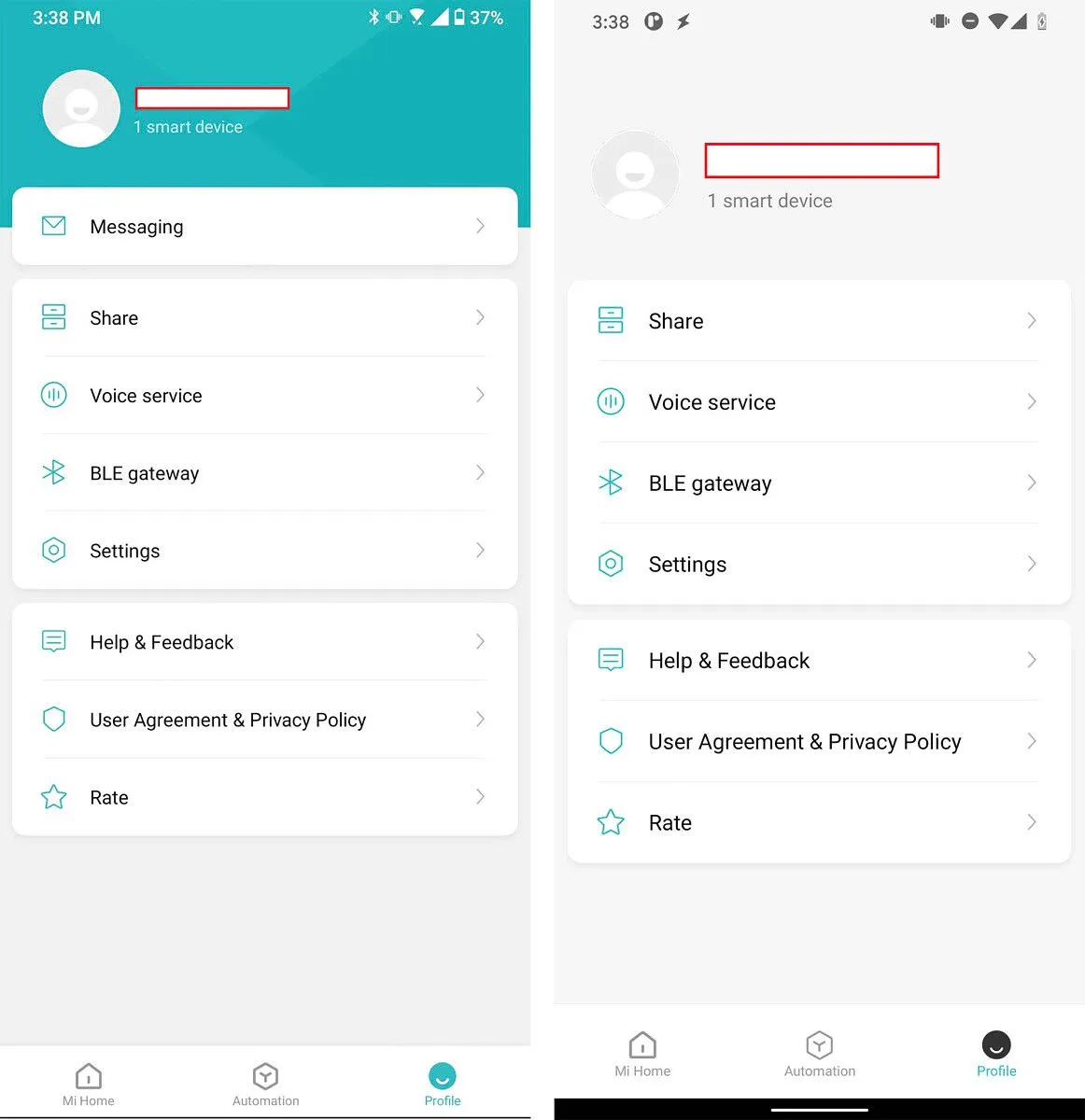 Profile tab, before beside after: the teal header is replaced by a light one, the Messaging row is removed, and Share, Voice service, BLE gateway and Settings remain