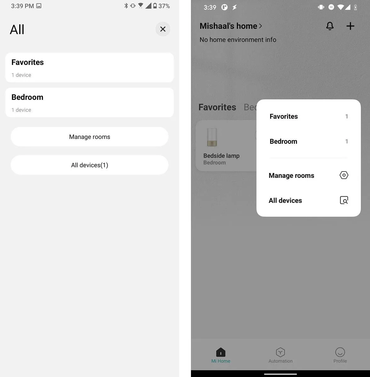 Room list, before beside after: a full-screen list of Favorites and Bedroom becomes a pop-up menu with Manage rooms and All devices